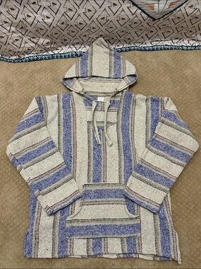 Hooded Baja LS Striped Hoodie, Cream/Blue Stripes, Sz L